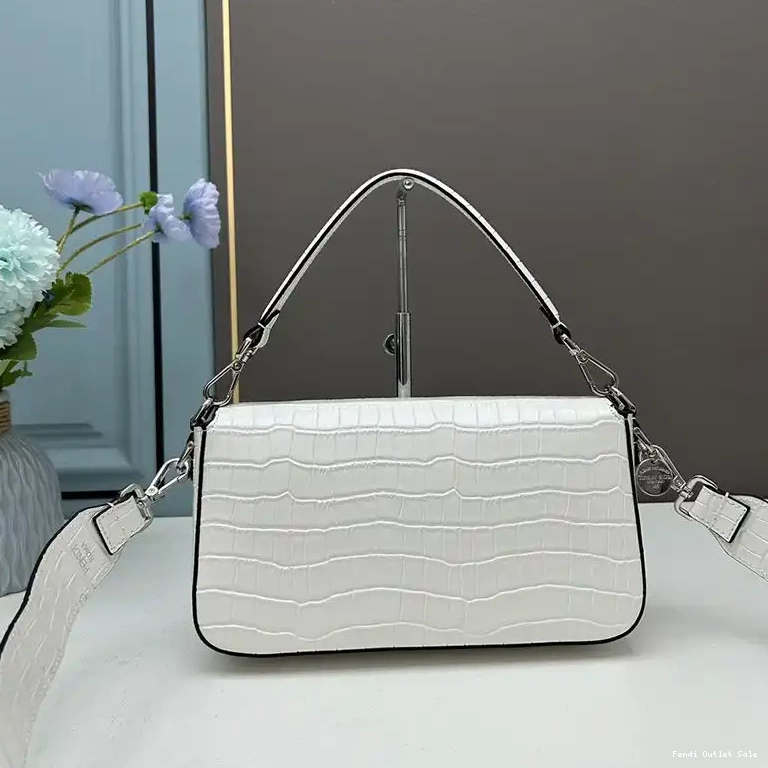 Affordable Fendi Leather Baguette Re-Edition Bag Crocodile In Medium White 0406
